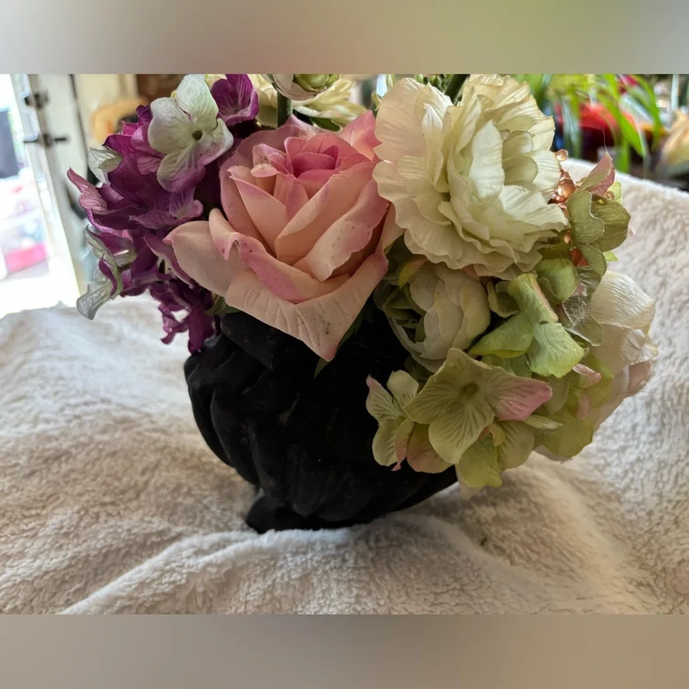 Artificial Floral Arrangement in Black Planter Ranunculus Hydrangeas Roses